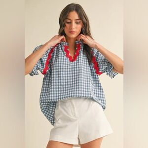 ANNIEWEAR LA Margie Ric Rac Top in Blue Gingham Check Puff Sleeve Blouse